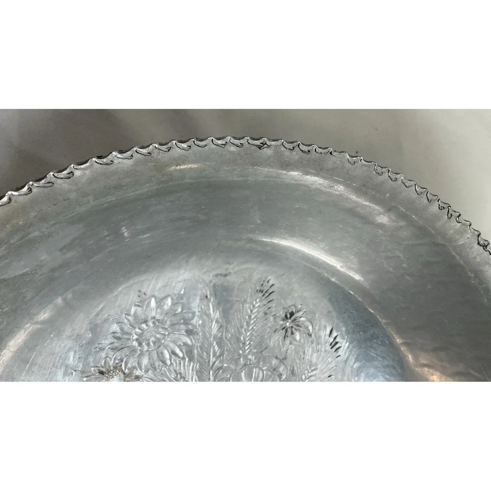 Hammered Aluminum Pedestal Serving Bowl Embossed Floral Scalloped Rim VTG